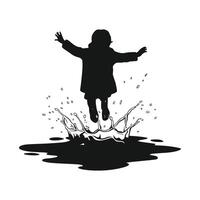 Monochrome silhouette of a child jumping in a puddle vector