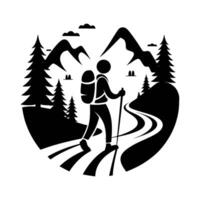 Silhouette of a hiker with a backpack walking along a winding mountain trail vector