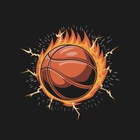Flaming basketball illustration with lightning bolts on a dark background vector