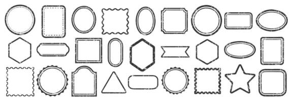 Stamps frames icon shape set. Stamp grunge ink rubber frame labels sign collection. Isolated on white background. Black round and square stamp border pack. vector