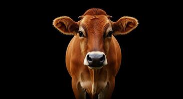 A cow is standing in front of a black background photo