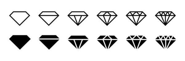 Set of black solid and line diamond icons. Gemstone diamond collection. Diamond icon symbol set. Diamonds in different shapes and cuts vector