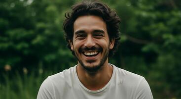 A man is smiling in a field photo