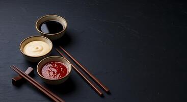 Asian sauces in bowls with chopsticks on a black background photo