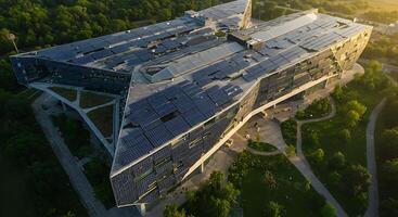 An aerial view of a building with solar panels on it photo