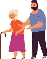 An elderly woman is walking with a man in a mask vector