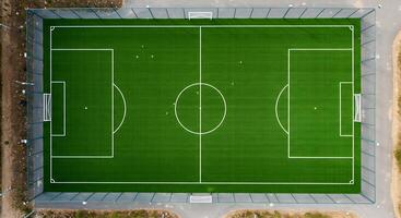 An aerial view of a soccer field photo