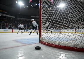 A hockey player is standing in front of the net photo