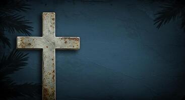 A cross on a dark blue background with palm trees photo