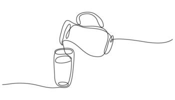 One line continuous drawing of pitcher with lemonade or juice or drink and glass. Liquid is poured from a tilted jar into glassful. Banner with copy space and editable stroke milk design. vector