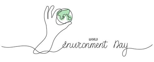 World Environment Day one line hand with the earth and handwritten lettering. Text banner template. Words phrase on white background. Quote with editable stroke. Outline script vector