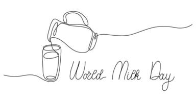 World Milk Day. Abstract jug and glass continuous single one line art hand drawing. Hand drawn quote with editable stroke. Outline handwritten script vector