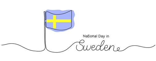One line drawing of flag. National Day in Sweden words in continuous art style. Minimalist black drawing of phrase on white background. Hand drawn quote editable stroke. Outline handwritten script vector