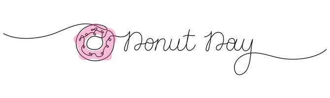 Continuous one line drawing of pink Donut. National Donut day concept. Outline draw design graphic illustration. Text banner. Handwritten lettering. vector