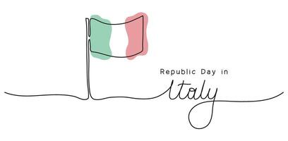 Republic Day in Italy words in continuous one line art style. Minimalist black drawing of green red white flag on white background. Hand drawn quote with editable stroke. Outline handwritten script vector