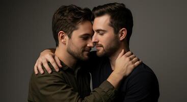 Two men embrace each other in a studio photo