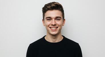 A young man smiling in front of a white background photo