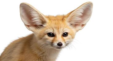 A small fennec fox is standing in front of a white background photo