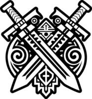 Two crossed swords with a tribal design on the side vector