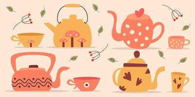 Collection of illustrations featuring ceramic teapots with unique decorative elements vector