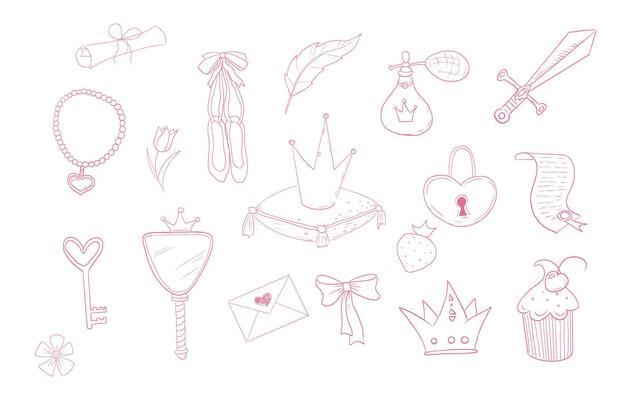 Princess set cute hand drawn sketch. Girl magic fairy mirror, pageant, crown, fairytale fantasy. Royal accessory. Letter and key.