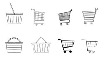 Shopping cart empty trolley doodle, supermarket basket, bag, net shopper simple line. Craft bag, trade icon set, sketch grocery shopping. vector