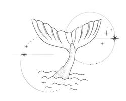 Whale tail retro dots texture with water splash circles stars line sketch minimal geometric tattoo. Mermaid or ocean mammal with waves vintage. vector