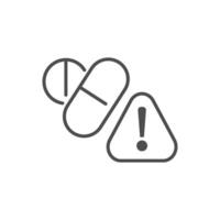 A line icon shows a pill and capsule next to a warning triangle. This graphic signifies medication caution and potential health risks. vector