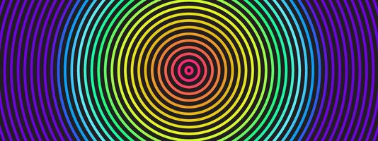 Colorful concentric circles forming a vibrant spiral. Rainbow pattern creates a hypnotic radial effect on dark background. Abstract illustration with gradient hues. vector