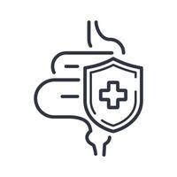 A line icon shows intestines protected by a shield with a medical cross. Gut health defense and gastrointestinal system protection. vector