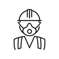Line icon of a person in a helmet and respirator mask. Symbolizes respiratory safety and protection in hazardous or industrial work environments. vector