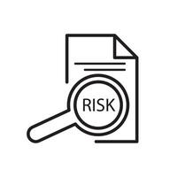 Line icon of a document with a magnifier and the word risk above it. Suitable for data analysis, reports, audits, and business research. illustration vector