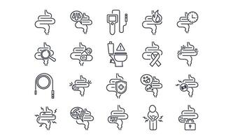 Set of line icons showing gut-related disorders and treatments. Includes intestine, inflammation, colon, microbiome, colonoscopy, and other digestive health conditions. vector