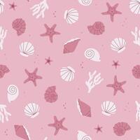 Simple seamless pattern with seashells and starfish in pink tones. graphics. vector