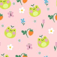 Seamless pattern with cute frogs, strawberries and flowers. graphics. vector