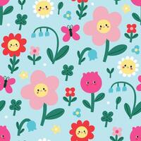 Seamless pattern with cute funny flowers on a blue background. graphics. vector
