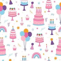Seamless pattern with birthday cakes, cupcakes, balloons. graphics. vector