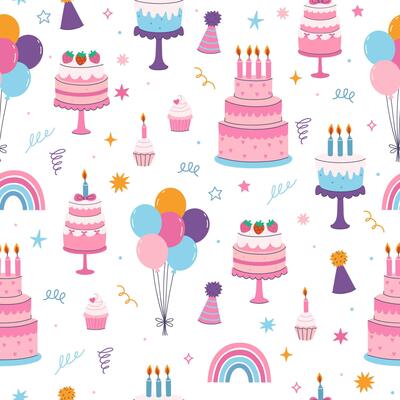 Seamless pattern with birthday cakes, cupcakes, balloons. graphics.