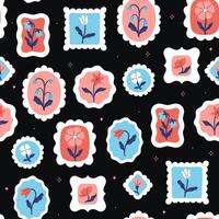 Seamless pattern with flowers in frames of different shapes on a black background. graphics. vector