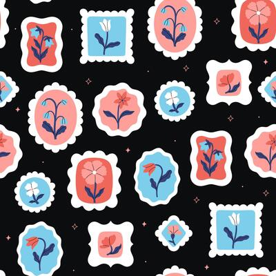 Seamless pattern with flowers in frames of different shapes on a black background. graphics.