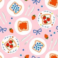 Seamless pattern with toasts with strawberries and blueberries. graphics. vector