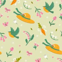 Garden spring seamless pattern with hats, birds and flowers. graphics vector