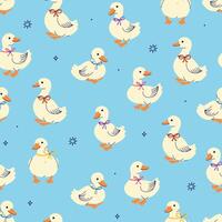 Seamless pattern with cute white ducks with bows on their necks on a blue background. graphics vector