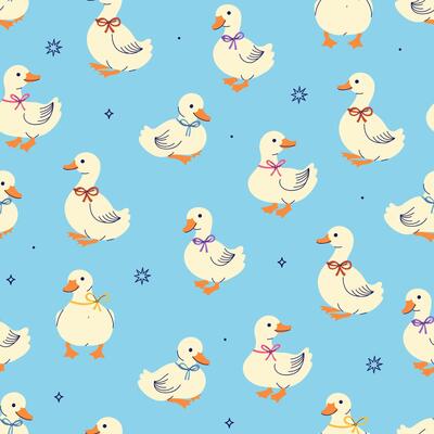 Seamless pattern with cute white ducks with bows on their necks on a blue background. graphics