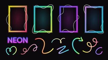 Set of glowing neon frames and icons. Bright neon rectangles for futuristic design. outlines with neon glow effect vector