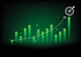 Stock and investment concept. A bar and line graph on a dark green background with a target goal. Bullish market, profit of wealth, high risk high return, business growth up. vector
