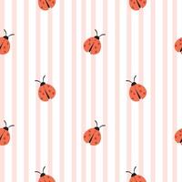 Seamless pattern with cute ladybugs on soft pink and white vertical stripes. vector