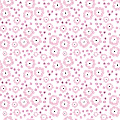 Seamless pattern with small pink cartoon flowers in a hand-drawn style.