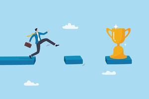 Risk or challenge to reach success achievement, determination or ambition to change, aspiration to step from safe zone, decision concept, businessman step on risk bridge to reach success trophy. vector
