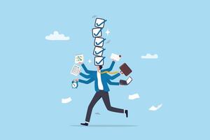 Productivity or efficiency, manage busy work to finish task or checklist, solving overworked and develop time management strategy, busy businessman holding work stuff with finishing checklist tasks. vector